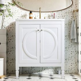 30" No Assembly Needed Vintage White Bathroom Vanity with Ceramic Sink,Two Soft-Close Doors & Adjustable Shelf,Modern Farmhouse Style
