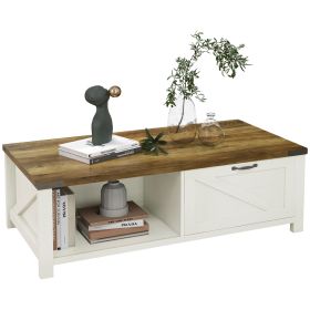 HOMCOM Farmhouse Coffee Table Drawer Storage Open Shelf White Oak for Modern Living Room
