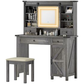HOMCOM Vanity Desk Set with Mirror and Lights, Cushioned Stool, Storage Drawer, Cabinet, Shelves for Bedroom, Gray