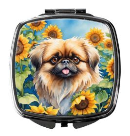 Pekingese in Sunflowers Compact Mirror Decorative Travel Makeup Mirror for Women Girls Gifts Pocket Makeup Mirror Folding Handheld
