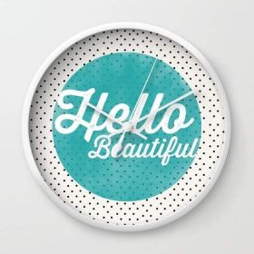 Hello Beautiful Teal Dots typography Wall clock (Color: White)