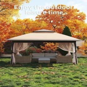 13x13FT Outdoor Pop Up Canopy Tent with Netting Adjustable Height Top Heavy Duty Steel Frame UV50 Plus Sun Protection Easy Setup Shelter for Camp (Color: Khaki + Light Khaki)