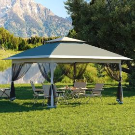 13x13FT Outdoor Pop Up Canopy Tent with Netting Adjustable Height Top Heavy Duty Steel Frame UV50 Plus Sun Protection Easy Setup Shelter for Camp (Color: Dark green + Linen gray)