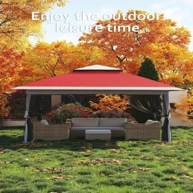 13x13FT Outdoor Pop Up Canopy Tent with Netting Adjustable Height Top Heavy Duty Steel Frame UV50 Plus Sun Protection Easy Setup Shelter for Camp (Color: Red and light gray)
